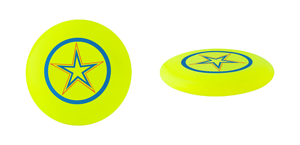 Top and side view of yellow flying disc. Frisbee isolated on white background