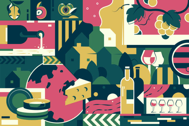 illustrations, cliparts, dessins animés et icônes de contexte de vinification, fromage et raisin. - french culture illustrations