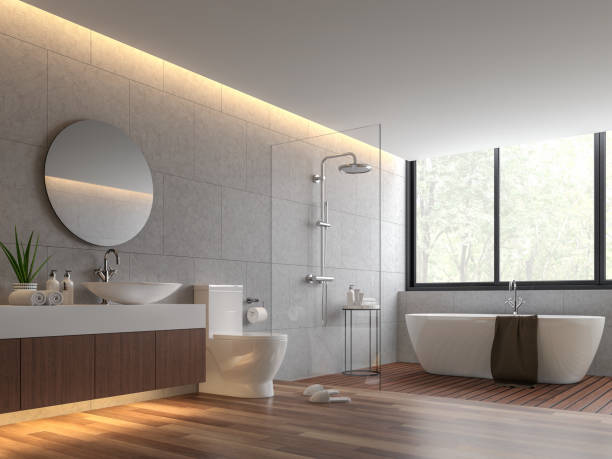 Contemporary loft style bathroom 3d render Contemporary loft style bathroom 3d render,The room has wooden floor,concrete tile wall and clear glass shower partition,There are large windows offering natural views. screen partition stock pictures, royalty-free photos & images