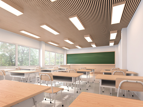 Modern contemporary classroom 3d render,The rooms have white walls and floors, wooden ceilings, decorated with wooden tables and chairs, large windows overlooking natural views.