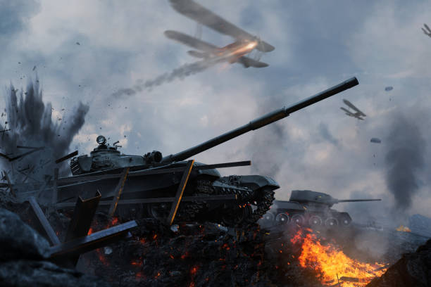 Tanks and planes rush into battle on besieged burning land Tanks and planes rush into battle on besieged burning land. Tank operation armored tank photos stock pictures, royalty-free photos & images