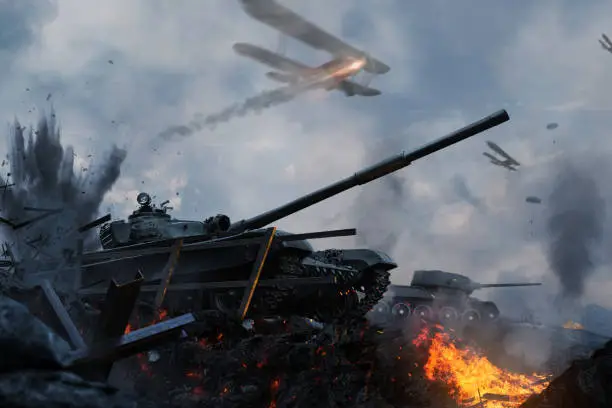 Tanks and planes rush into battle on besieged burning land. Tank operation