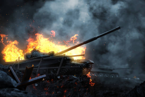 brennender kampfpanzer auf dem schlachtfeld in der dämmerung - tank stock-fotos und bilder