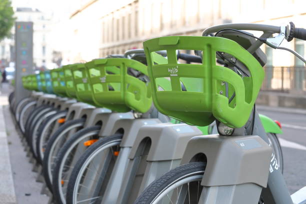 Paris, France - May 02, 2016: Velib bikes at the center of Paris. This bikes are for rent with an electronic system to pay with a bank card.