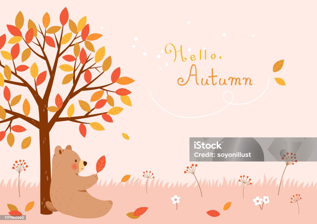 귀여운 곰이 있는 가을 나무 가을 배경 나무에 대한 스톡 벡터 아트 및 기타 이미지 - 나무, 10월, 11월 - Istock