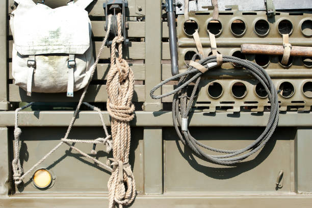 WW2 old troop transport truck showing equipment and materials of war and conflict during the Second World War