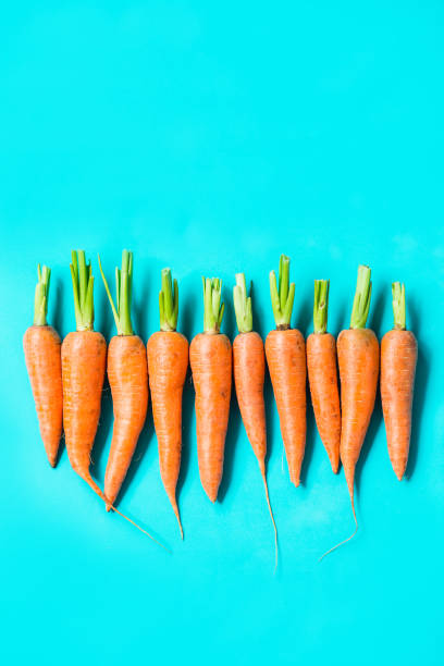 istock several fresh carrots lie in a row on a blue background. 1171963770