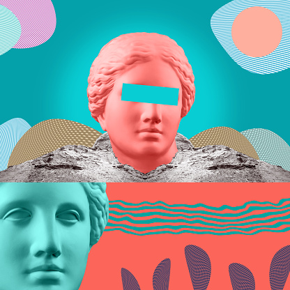 Modern conceptual art colorful poster with ancient statue of bust of Venus. Collage of contemporary art. Zin art.