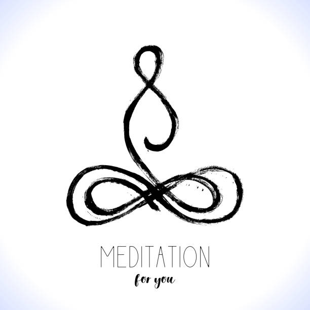 Yoga lotus pose, hand drawn yoga love stylized vector icon logo for school, center, class. Figure sitting in a lotus pose. Oriental brushwork style Yoga lotus pose, hand drawn yoga love stylized vector icon logo for school, center, class. Figure sitting in a lotus pose. Oriental brushwork style om logo clip art stock illustrations