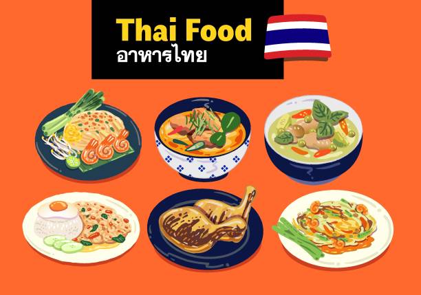 kolekcja ręcznie rysowane wektor ilustracji zestaw ikon tajskich potraw, w tym pad thai, tajskie zielone curry, czerwone curry, pieczony kurczak i sałatka z papai. - thai culture food ingredient set stock illustrations