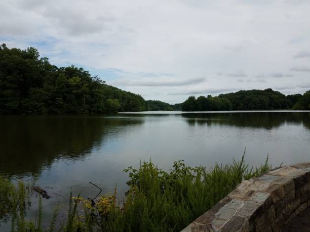 istock stone wall with lake or pond and trees 1171976652