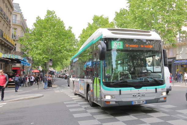 Paris France - May 22, 2019: Public bus run through downtown Paris France
