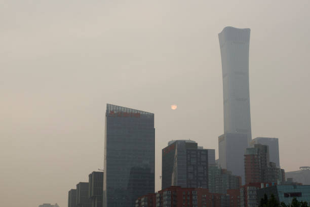 Beijing, China - July 17, 2019: Beijing skyline seen from Dawang Bridge on a smoggy summer day.