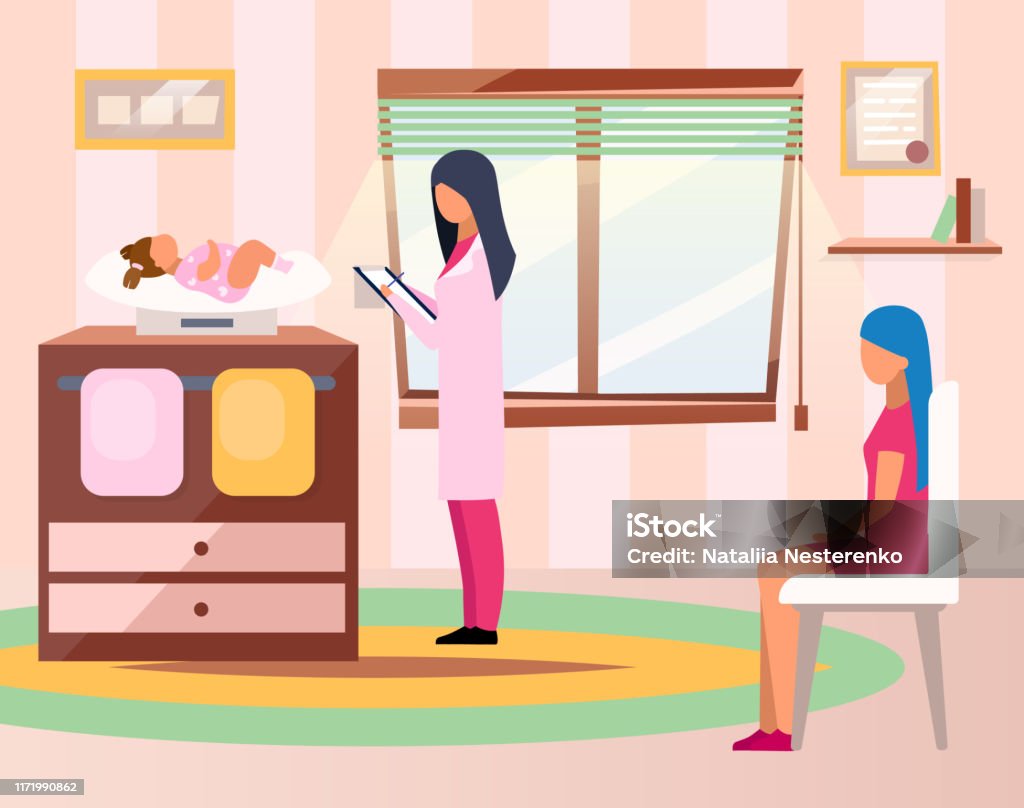 Childcare Service Flat Vector Illustration Doctor Examining Baby Cartoon  Characters Young Mother Visiting Pediatrician With Newborn Daughter  Therapist Controlling Kid Body Mass On Scales Stock Illustration - Download  Image Now - iStock