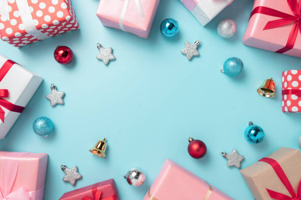 Top view of colorful gift boxes with decorations.