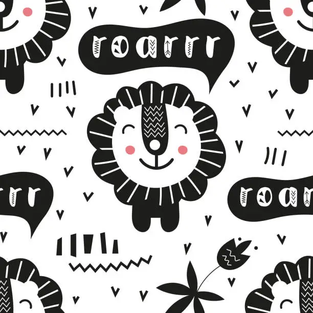 Vector illustration of Monochrome seamless pattern with cute lion