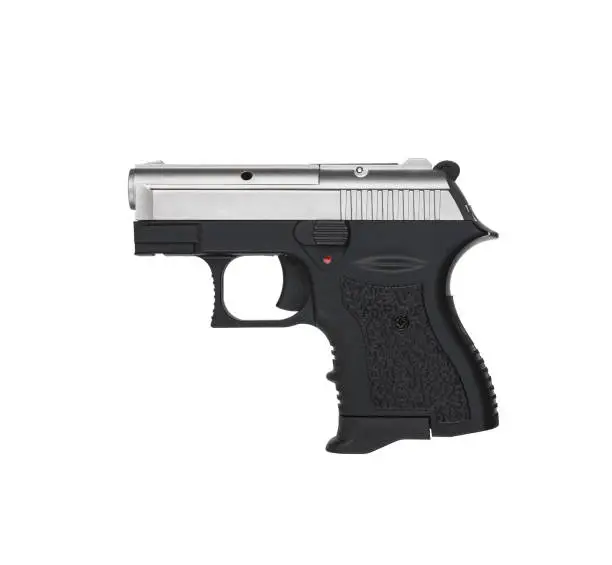 Black-silver modern gun pistol isolate on a white background. A small weapon for self-defense. The perfect weapon for women.