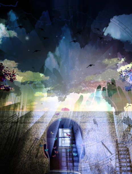 Surreal composition. Man with window in head. Ladders and human hands silhouette