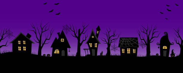 domy halloweenowe. upiorna wioska. bezszwowe obramowanie - haunted house stock illustrations