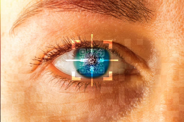 istock Human eye with glowing lines of QR code 1172006530