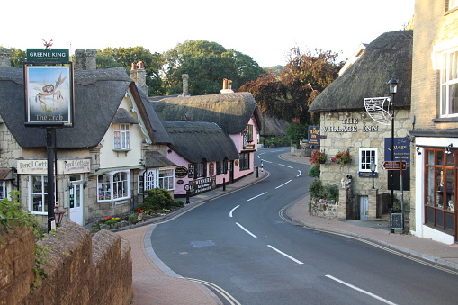 Shanklin, Isle of Wight - 26 August, 2019: Some of the many picturesque thatched buildings in Shanklin Old Village.