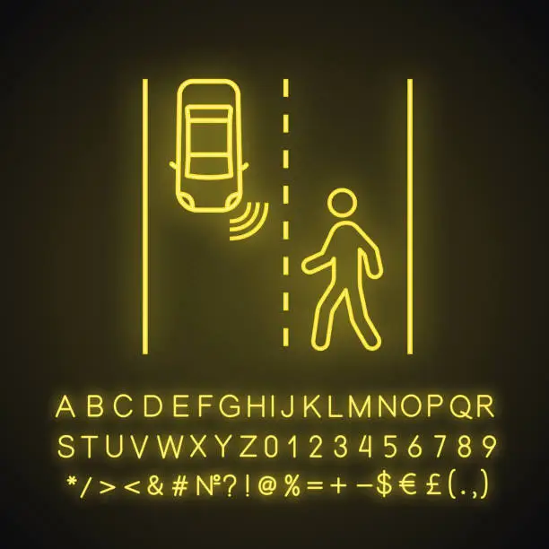 Vector illustration of Autonomous car detecting pedestrians neon light icon