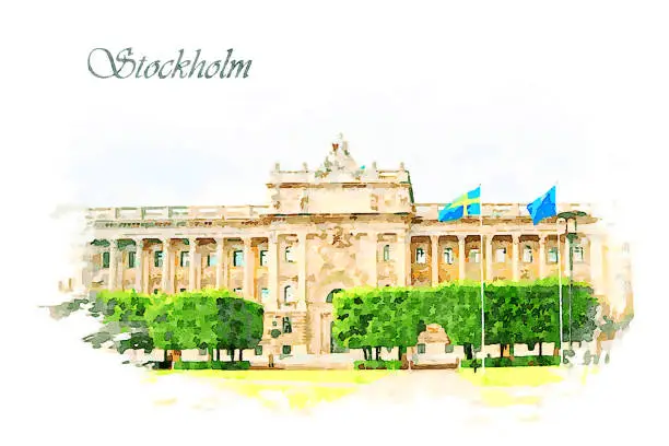 Digital art painting canvas or postcard - exterial view of Riksdagshuset in Stockholm - headquarters of swedish parliament (watercolor effect)