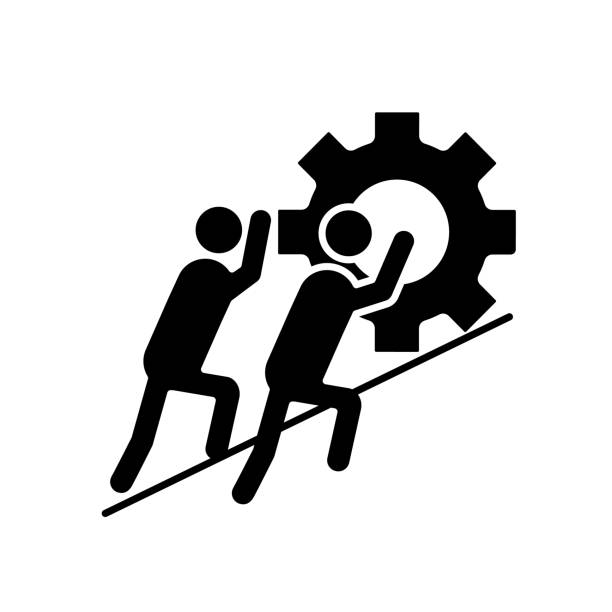 Teamwork glyph icon Teamwork glyph icon. Team. Partnership. Two businessmen pushing cogwheel up. Join efforts. Silhouette symbol. Negative space. Vector isolated illustration working hard stock illustrations