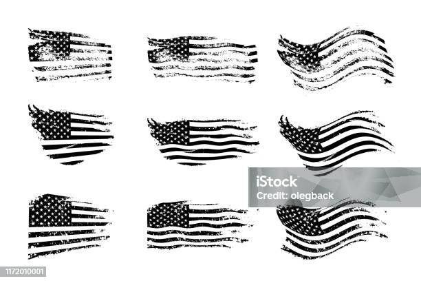 Black Vintage Usa Flags Illustration Vector American Flag On Grunge Texture Set Stock Illustration - Download Image Now