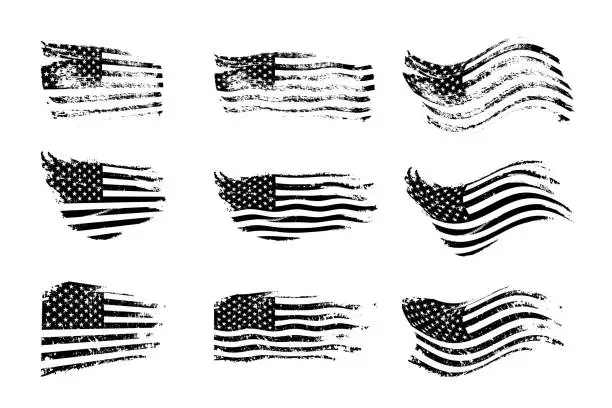 Vector illustration of Black vintage USA flags illustration. Vector American flag on grunge texture set.