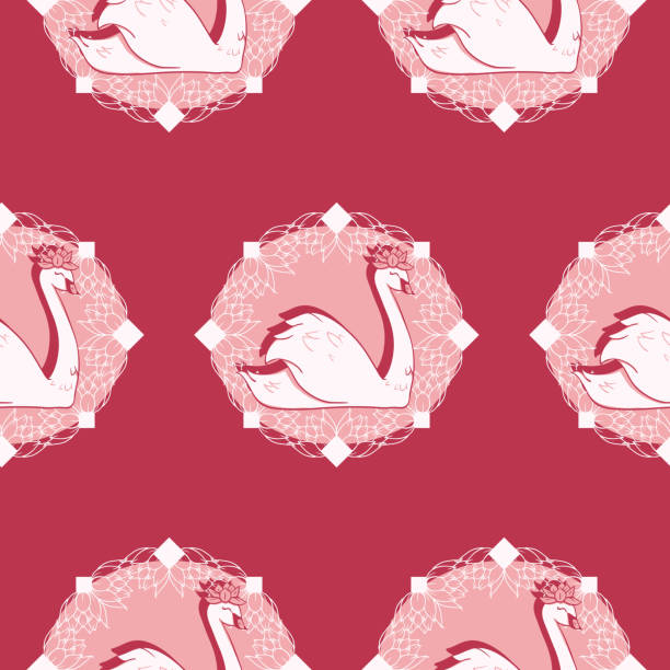 向量天鵝cameo在紅色與睡蓮無縫模式背景。 - cameo brooch 幅插畫檔、美工圖案、卡通及圖標