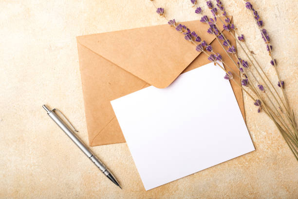 istock Blank paper with Kraft envelope and lavender flowers on a light background. 1172014967