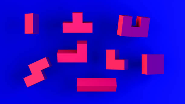 o cubo geométrico abstrato das formas 3d obstrui o fundo com luzes de néon - jogo de vídeo de empilhar blocos - fotografias e filmes do acervo