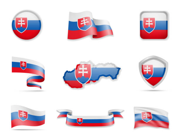 Slovakia flags collection. Vector illustration set flags and outline of the country. Slovakia flags collection. Flags and outline of the country vector illustration set slovak language stock illustrations