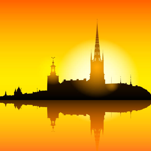 sztokholm skyline zachód słońca tło ilustracji - silhouette city town stockholm stock illustrations
