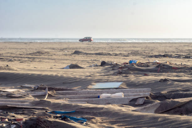 rubbish on the beach. cardboard boxes, papers, cans in the sand. Environment pollution
