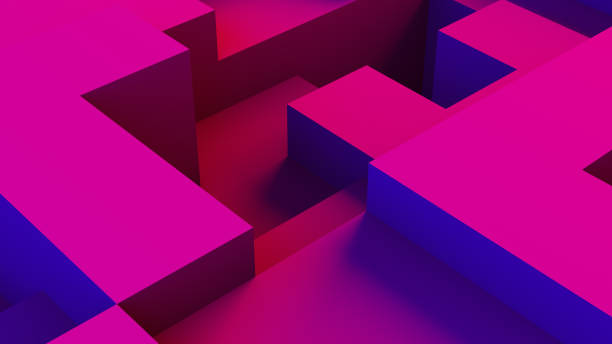 Abstract 3D Geometric Shapes Cube Blocks Background with Neon Lights 3d rendering of abstract geometric shapes and cube blocks. Neon lights, blue and pink colors. block stock pictures, royalty-free photos & images