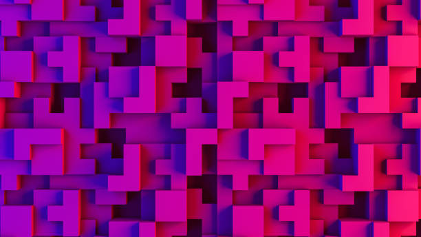 Abstract 3D Geometric Shapes Cube Blocks Background with Neon Lights 3d rendering of abstract geometric shapes and cube blocks. Neon lights, blue and pink colors. block stacking video game stock pictures, royalty-free photos & images