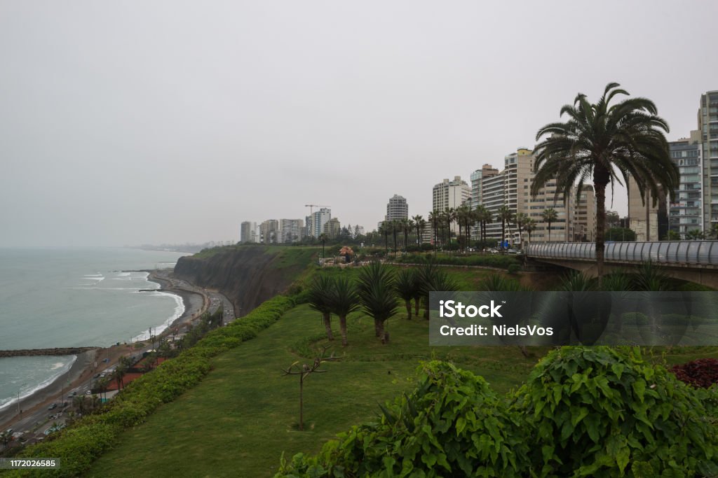 The beautiful green cliffs of the Costa Verde in the Miraflores district of Lima The beautiful green cliffs of the Costa Verde in the Miraflores district of Lima, Peru Costa Verde - Peru Stock Photo