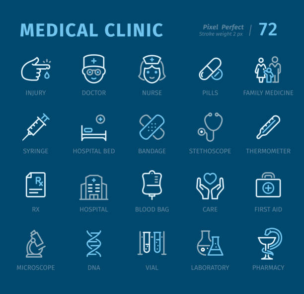 의료 클리닉 - 캡션이 있는 윤곽선 아이콘 - pharmacy symbol surgery computer icon stock illustrations