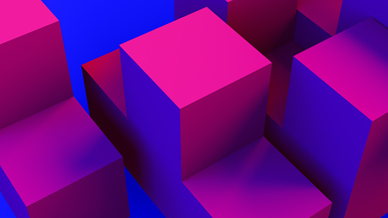 3d rendering of abstract geometric shapes and cube blocks. Neon lights, blue and pink colors.