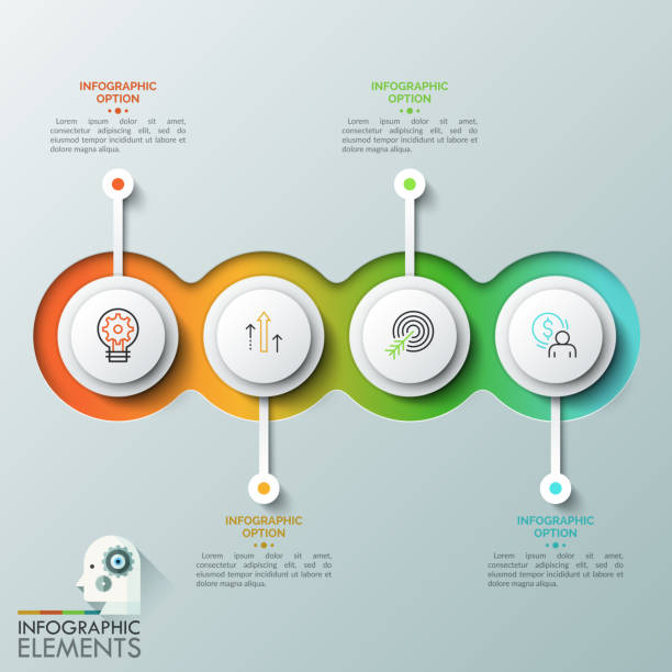ilustrações, clipart, desenhos animados e ícones de quatro elementos redondos translúcidos de sobreposição com pictograma lineares para dentro coloc na linha horizontal e nas caixas de texto. conceito de 4 etapas sucessivas à conclusão do projeto. - 3149