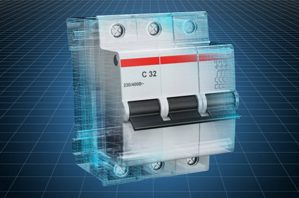istock Visualization 3d cad model of three-pole miniature circuit breaker, blueprint. 3D rendering 1172046462