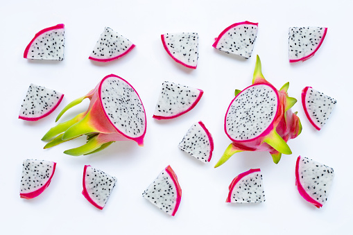 Dragon fruit, pitaya isolated on white background. Delicious tropical exotic fruit