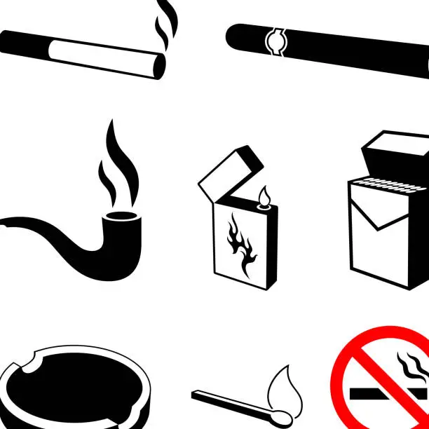 Vector illustration of cigarettes and smoking black & white vector icon set