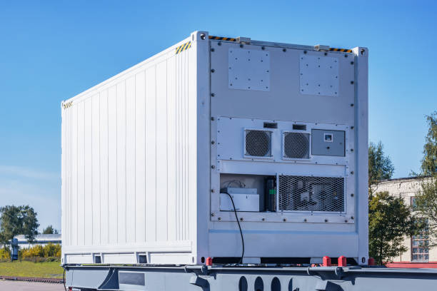 Refrigerated container 20-foot-long on the railway platform.