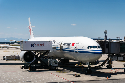 Beijng, China - July 2019: Air China aircraft landed at Beijing airport. Air China is the flag carrier of China and Beijing airport is its own hub.