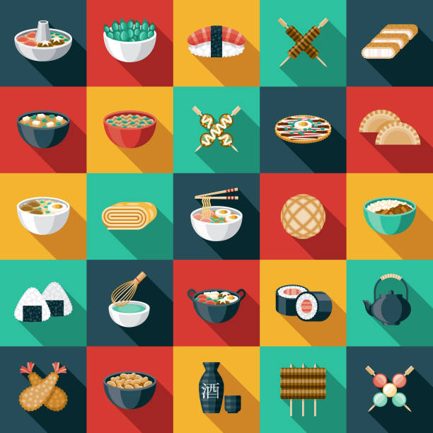 Japanese Food Icon Set A set of icons. File is built in the CMYK color space for optimal printing. Color swatches are global so it’s easy to edit and change the colors. meal illustrations stock illustrations