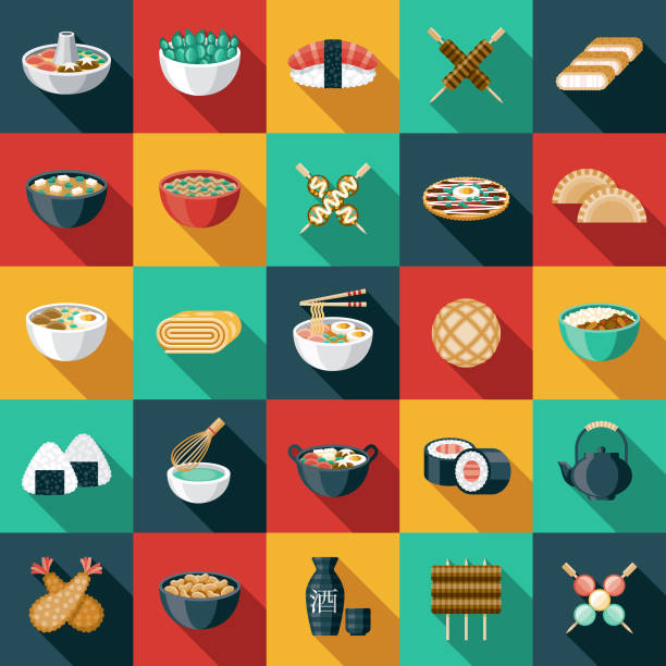 Japanese Food Icon Set A set of icons. File is built in the CMYK color space for optimal printing. Color swatches are global so it’s easy to edit and change the colors. fish in a bowl stock illustrations