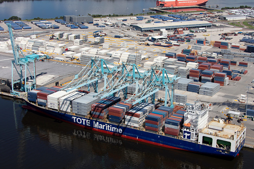 Aerial view of container ship Ila Bella in Jaxport Jacksonville Florida photograph taken August 2019